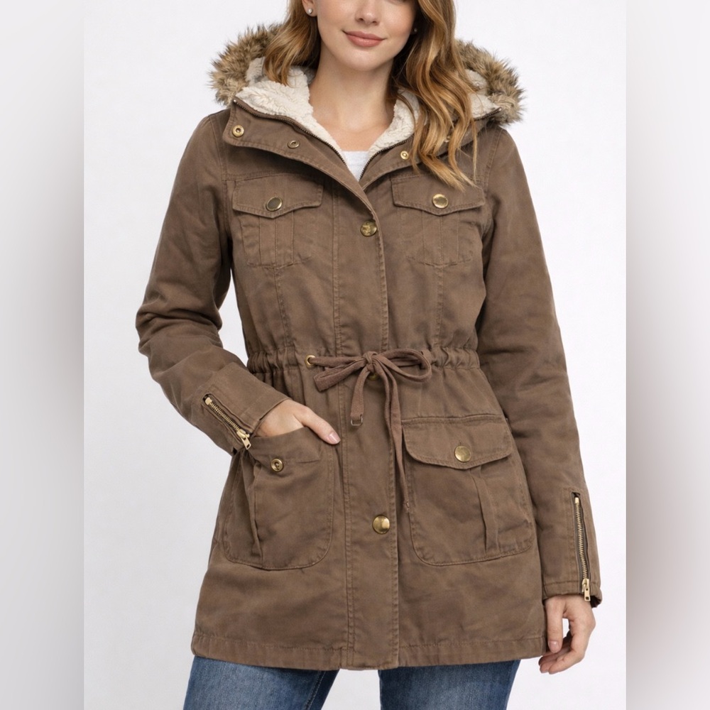Papaya Brown Hooded Jacket with Faux Fur Trim